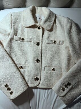 ba&sh Cream Textured Bouclé Lady Jacket with Gold Buttons